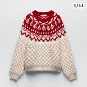 Zara Red and Cream Quilted Knit Sweater